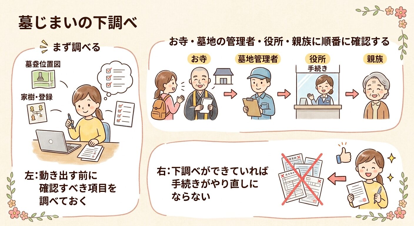 墓じまいは下調べの完成度で決まることを伝えるイラスト