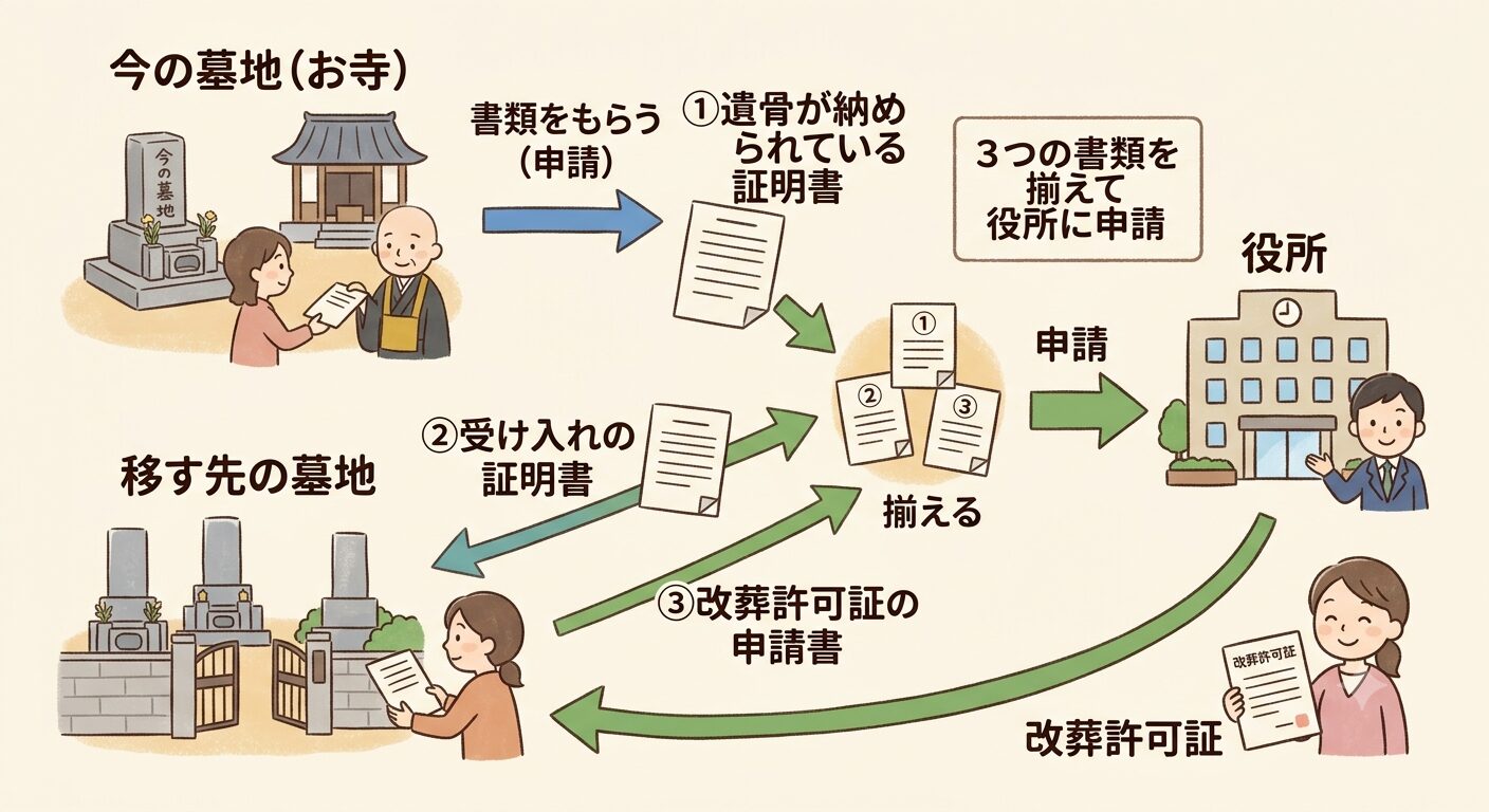 お墓の移動は役所・今の墓地の管理者・移す先の3つの窓口で証明書を揃えて役所に改葬許可を申請すれば誰でもできることを示すイラスト