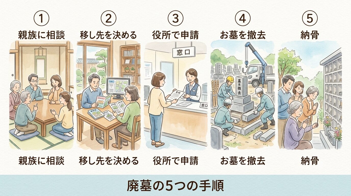 廃墓を進める5つの手順(相談・移し先・申請・撤去・納骨)を表したイラスト