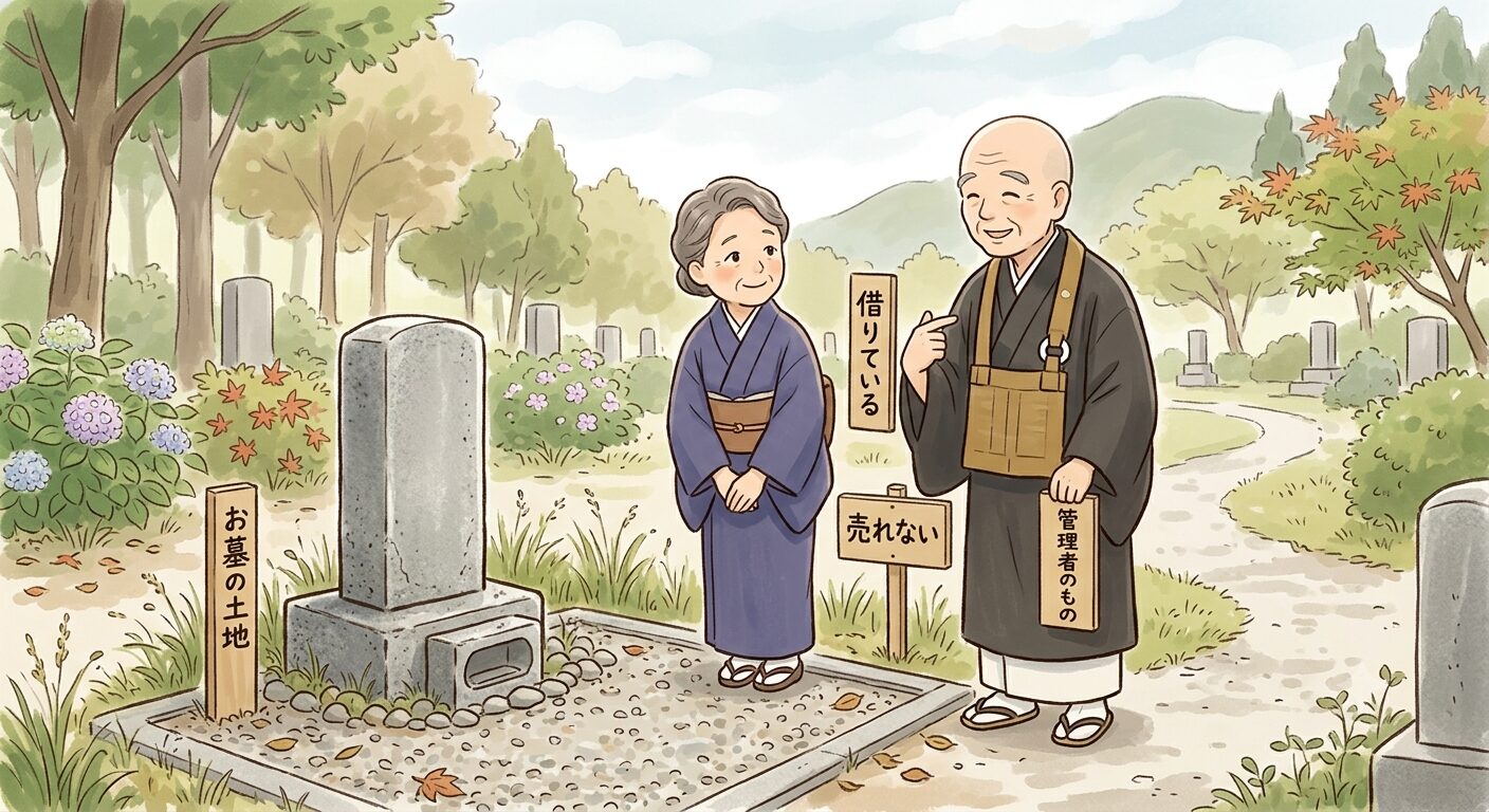 お墓の土地は永代使用権で借りている区画であり、土地は管理者のものなので売れないことを示すイラスト