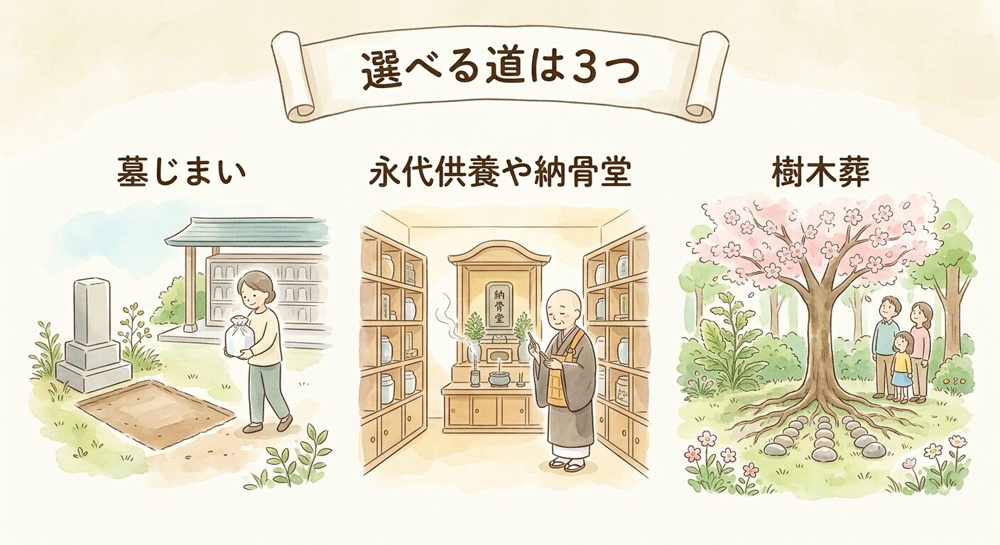 継ぐ人がいないお墓には墓じまいや永代供養など3つの選択肢があることを表したイラスト