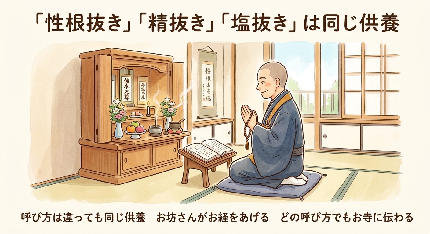 性根抜きとは、お坊さんが仏壇の前でお経をあげる供養であることを示すイラスト