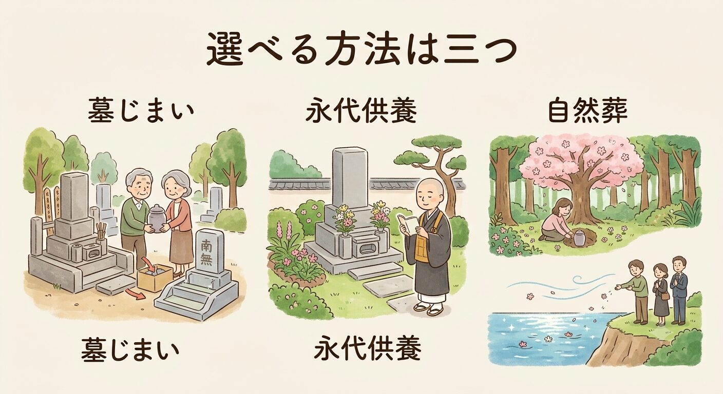 子供が継がないお墓には墓じまい・永代供養・樹木葬など3つの方法があることを表したイラスト