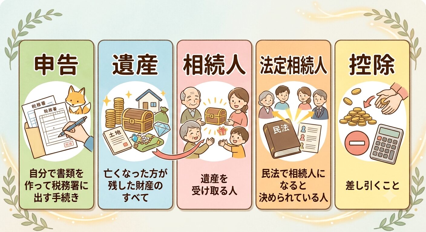 相続税の申告に出てくる申告・遺産・相続人・法定相続人・控除の言葉と意味をまとめた図解