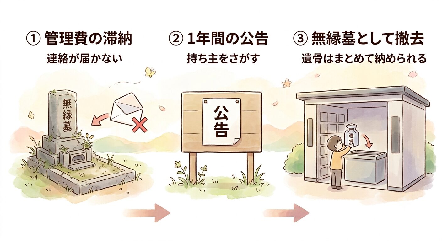 放置されたお墓が管理費の滞納から官報での公告と立て札の1年を経て無縁墓として撤去されるまでの流れを示すイラスト
