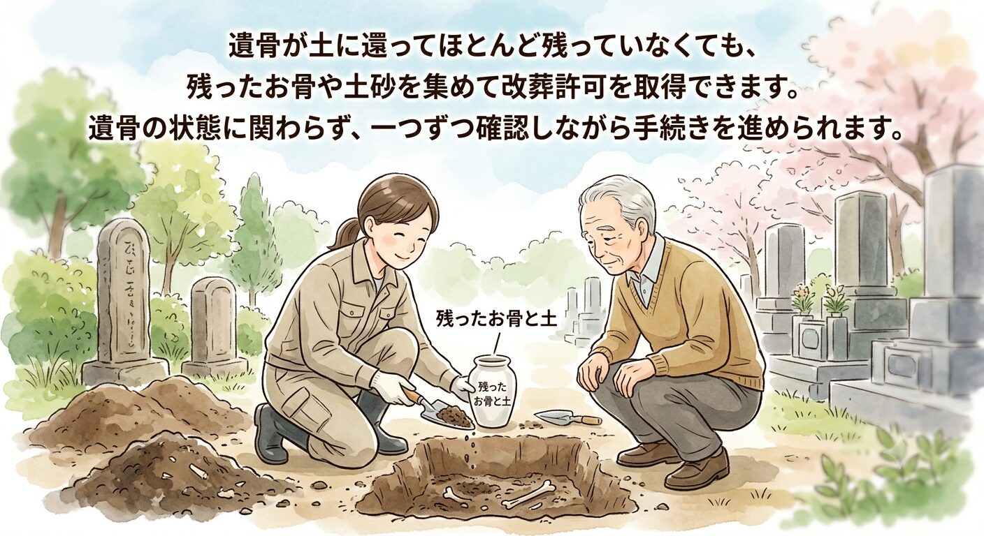 遺骨がほとんど残っていない場合も、残った骨や土砂を集めれば改葬許可を取得して手続きを進められると伝えるイラスト