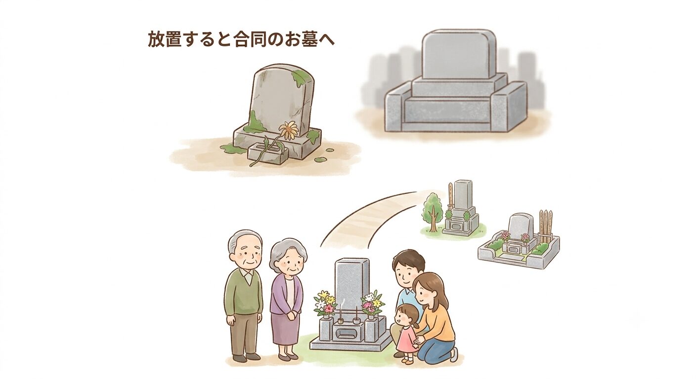 継ぐ人がいないお墓が撤去され合同のお墓へ移される流れを表したイラスト
