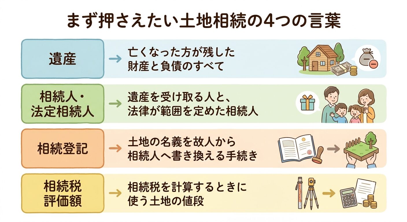 土地相続で最初に押さえたい遺産・相続人・相続登記・相続税評価額の4つの言葉と意味をまとめた図解