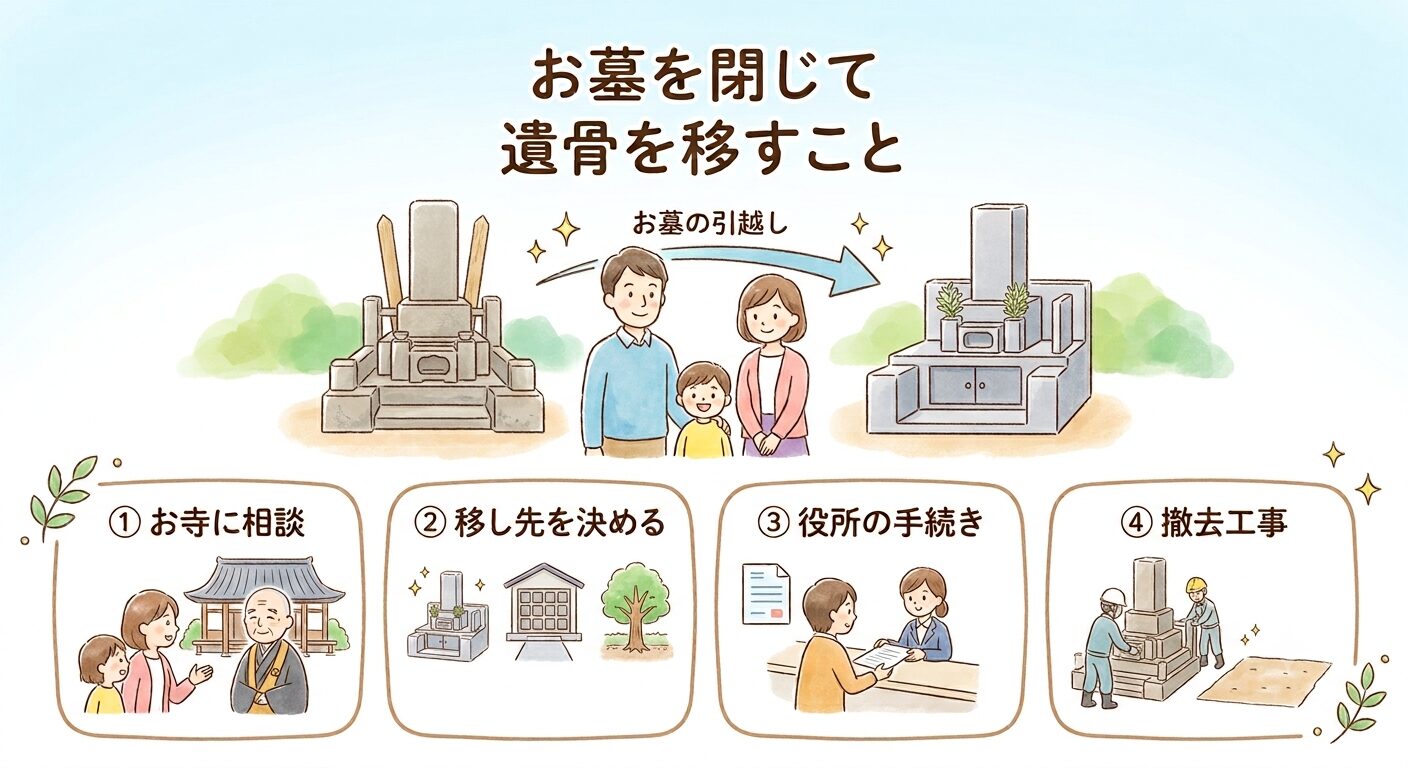 お墓を終わりにするとは今あるお墓を閉じて遺骨を移すことで4つの流れで進むと示すイラスト