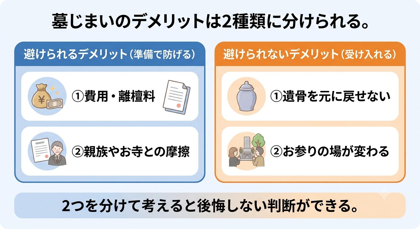 墓じまいのデメリットを避けられるものと避けられないものの2種類に分けて対比で示すイラスト