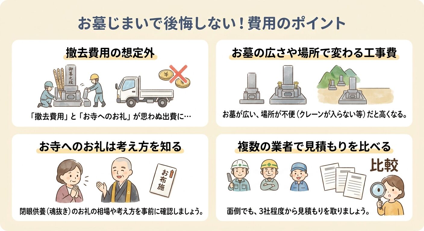 墓じまいの費用の後悔は撤去工事費とお寺へのお礼の2つに分けて備えると伝えるイラスト