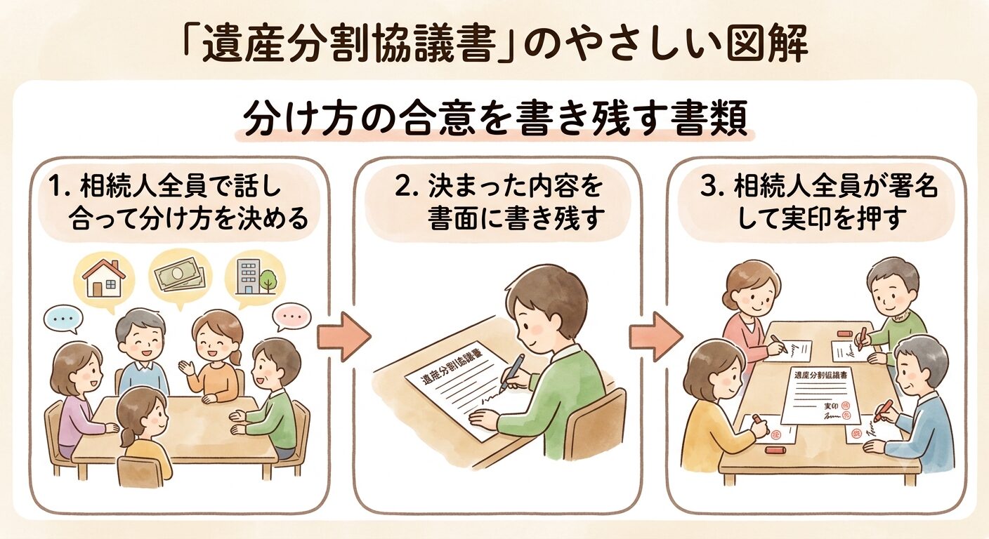 遺産分割協議書は相続人全員で分け方を決め、書面に書き残し、全員が署名して実印を押すという3段階の流れをまとめた図解
