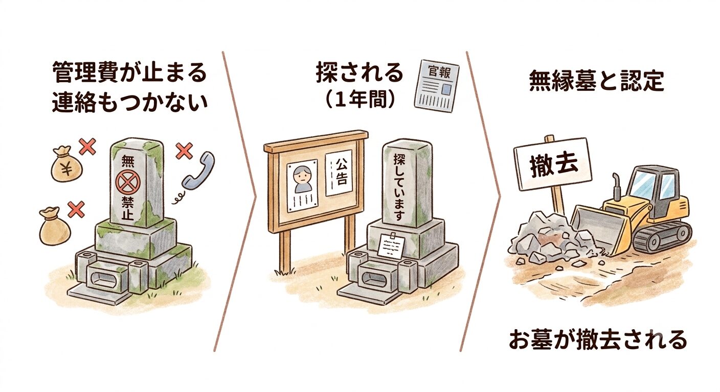 継ぐ人がいないお墓が管理費の滞納と連絡途絶から無縁墓と認定され撤去・合祀へ進む流れを示すイラスト