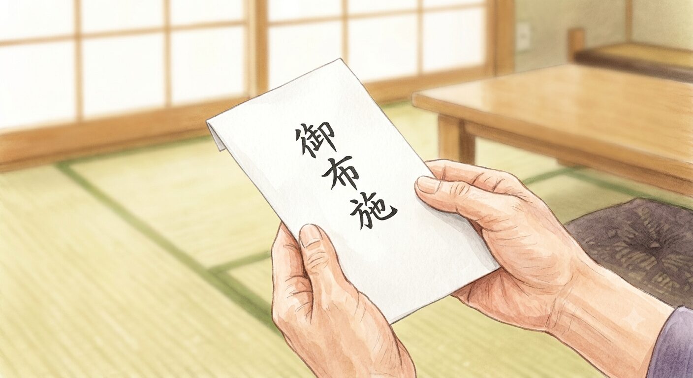 白い封筒に「御布施」と書いて両手で持つ様子を示すイラスト