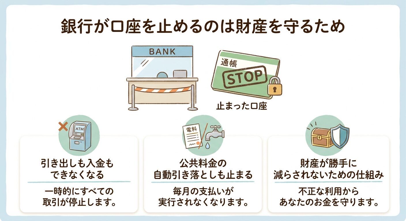 銀行が口座を凍結すると引き出し・入金・自動引き落としが止まることと、財産を守る仕組みであることを示した図解