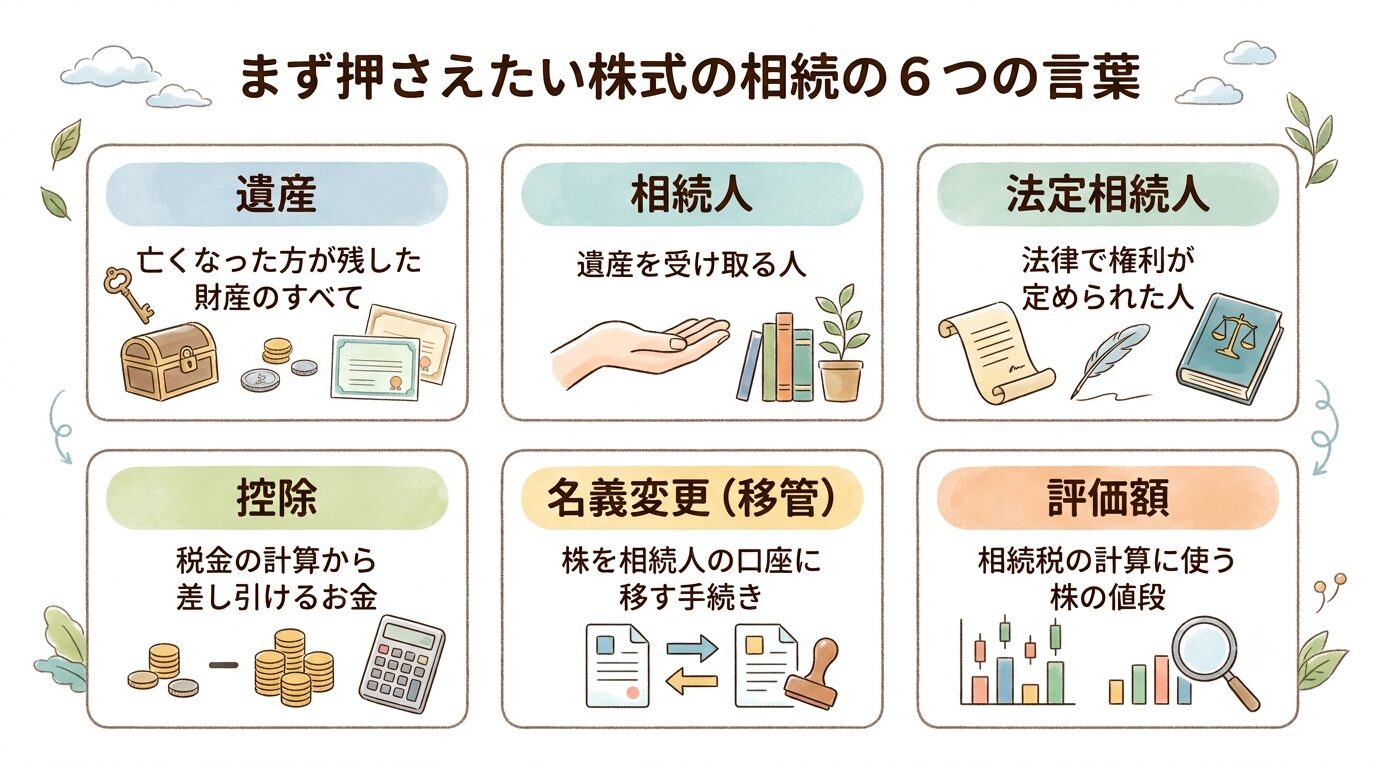株式の相続で最初に押さえたい遺産・相続人・法定相続人・控除・名義変更・評価額の6つの言葉と意味をまとめた図解