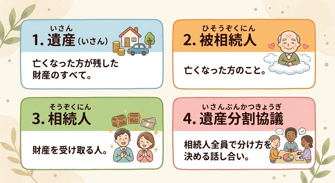 遺産・被相続人・相続人・遺産分割協議という遺産分割協議書で押さえたい4つの言葉と意味をふりがな付きでまとめた図解