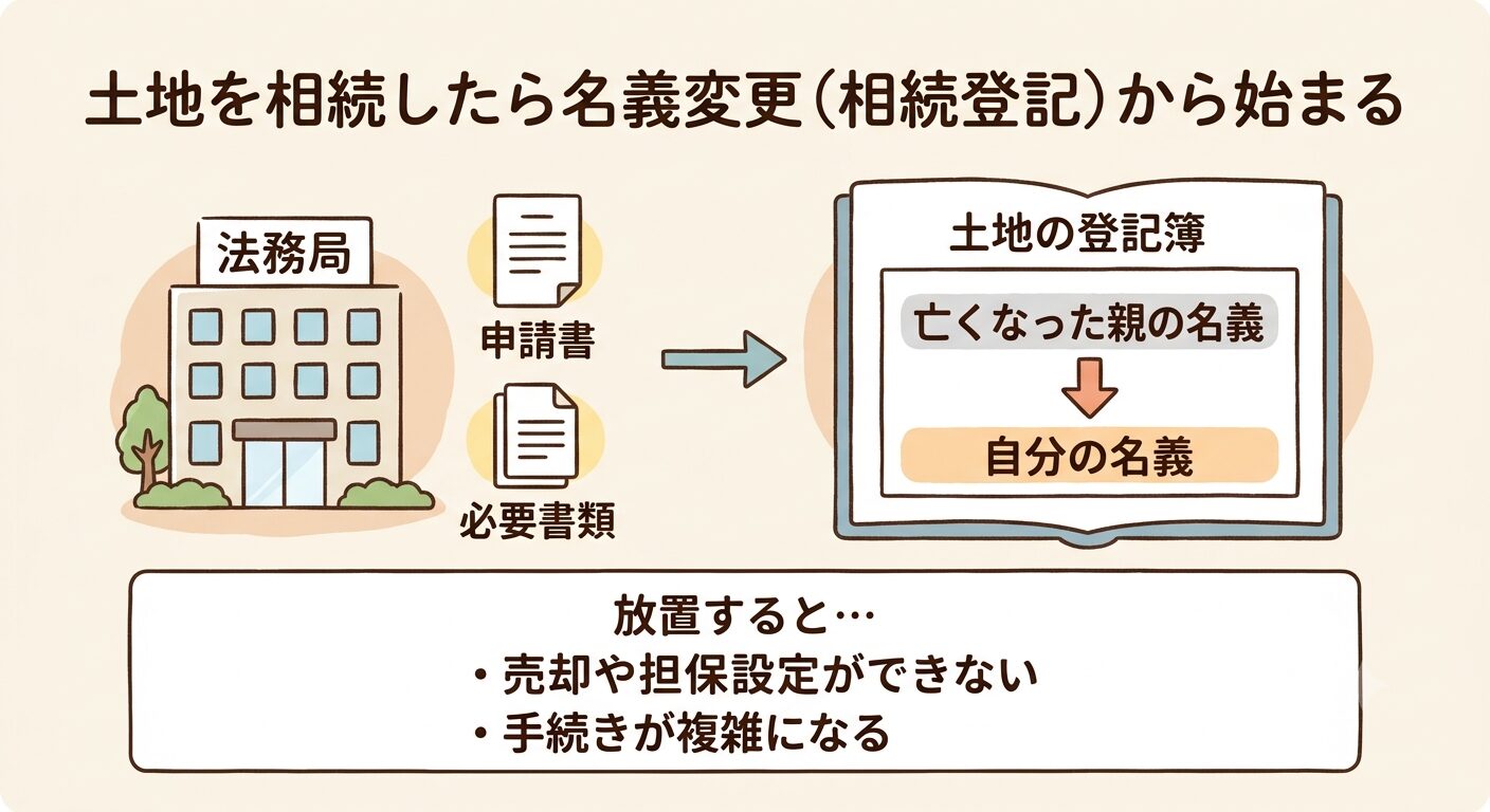 土地を相続したら法務局へ申請書と必要書類を提出し、登記簿の名義を亡くなった親から自分へ書き換える相続登記の流れを示した図解