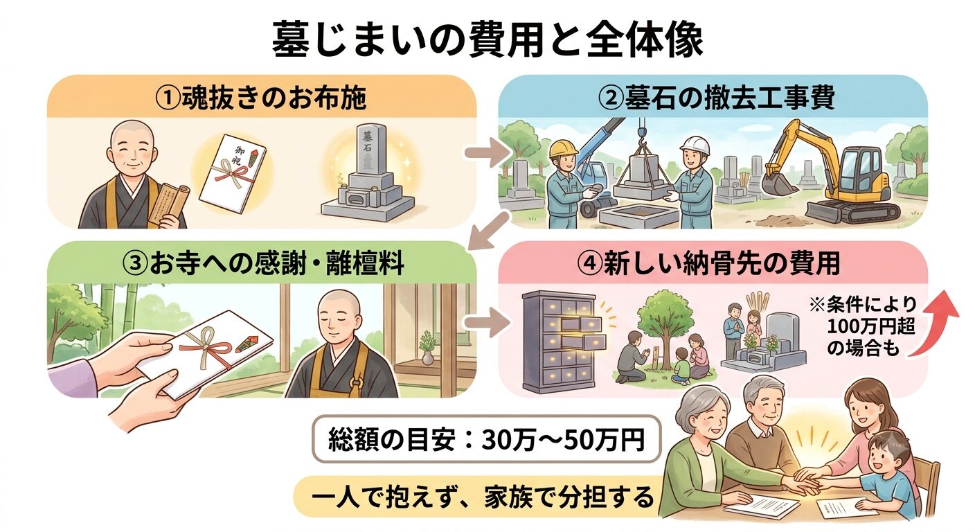 墓じまいの費用の全体像と相場を示すイラスト