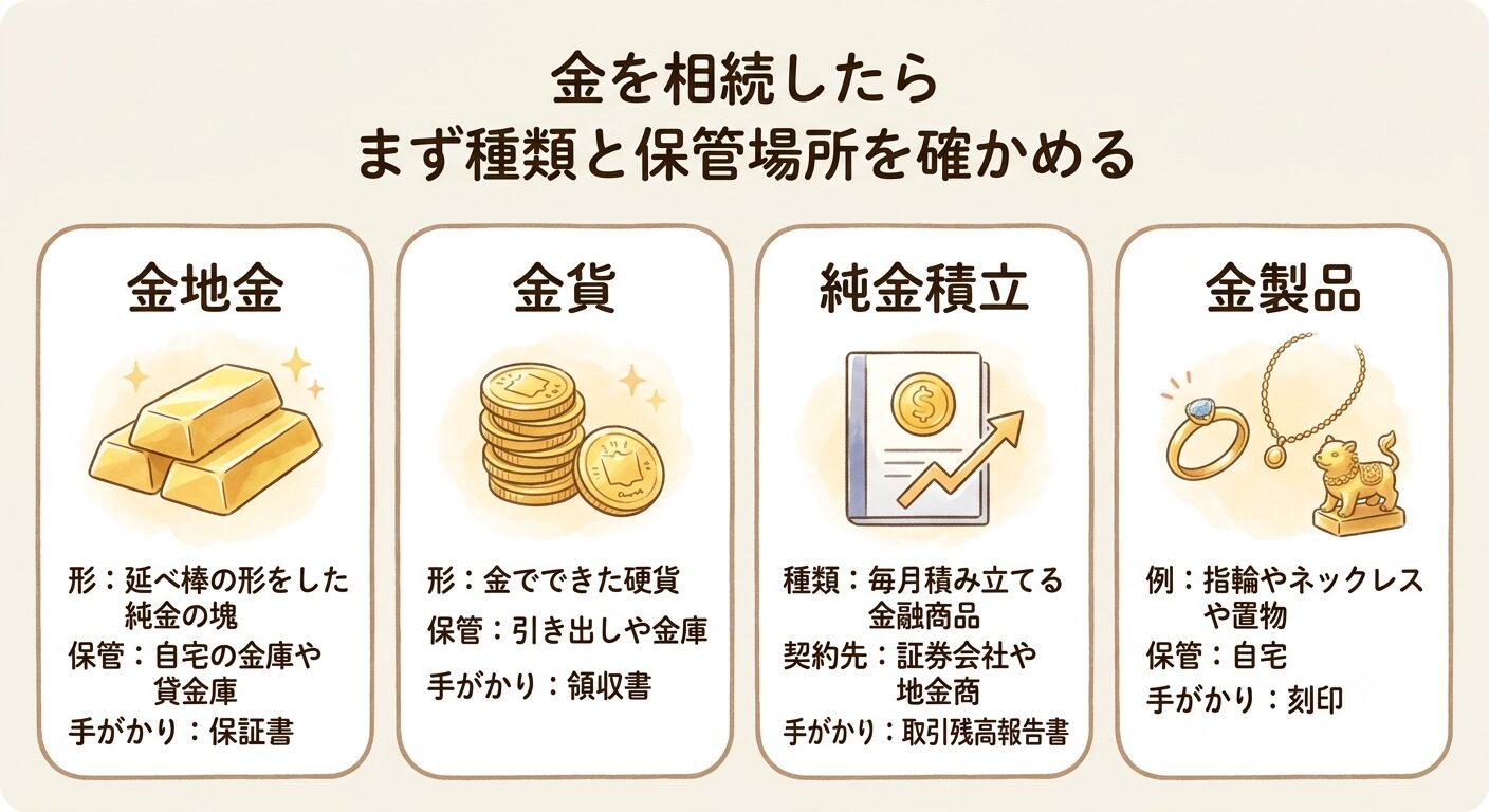 金地金・金貨・純金積立・金製品という金の4つの種類と、それぞれの保管場所や手がかりになる書類をまとめた図解