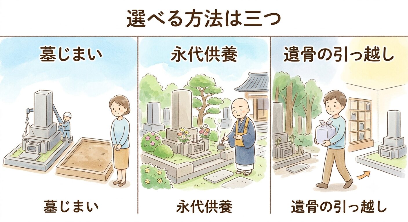 守る人がいないお墓の整理で選べる墓じまい・永代供養・遺骨の引っ越しの3つの方法を表したイラスト