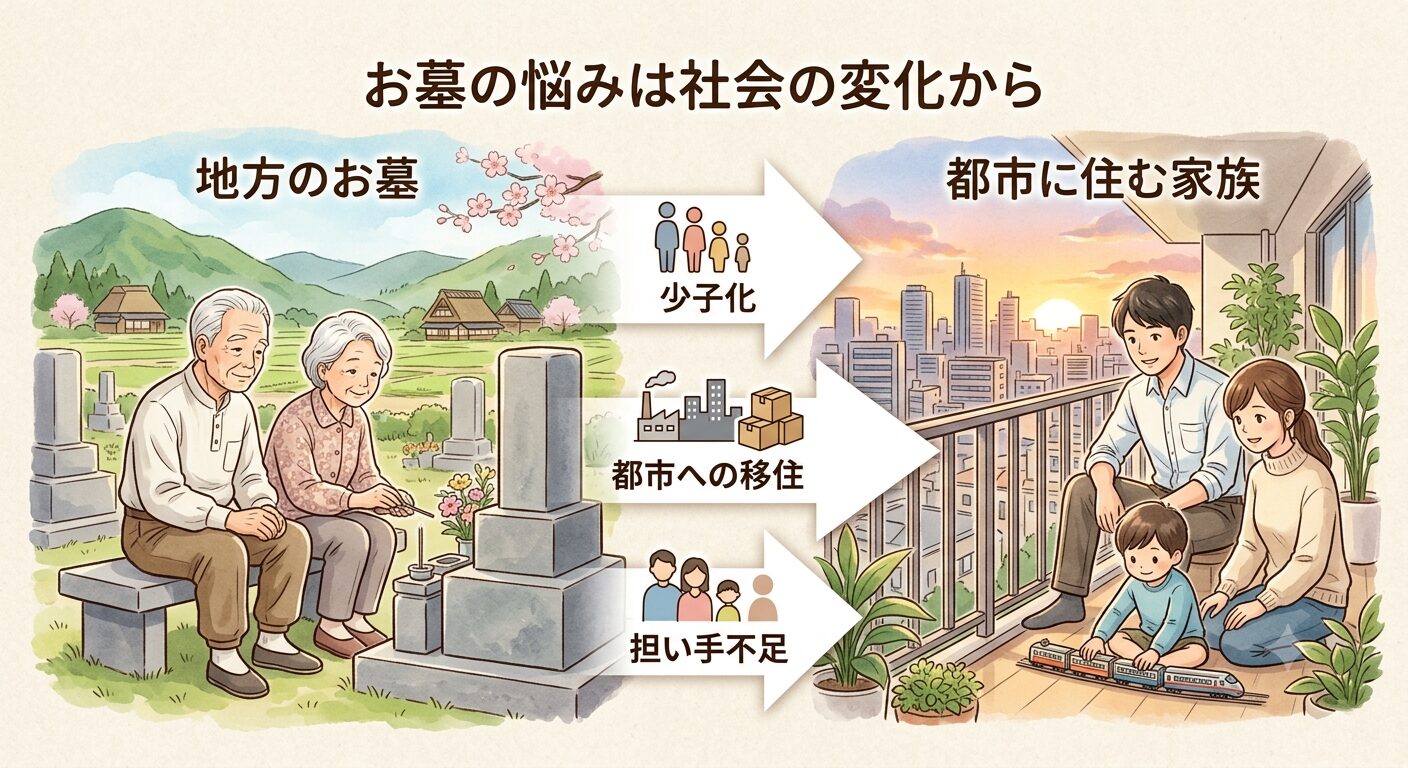 後継者不在や遠方のお墓が増えたのは社会の変化だと伝えるイラスト