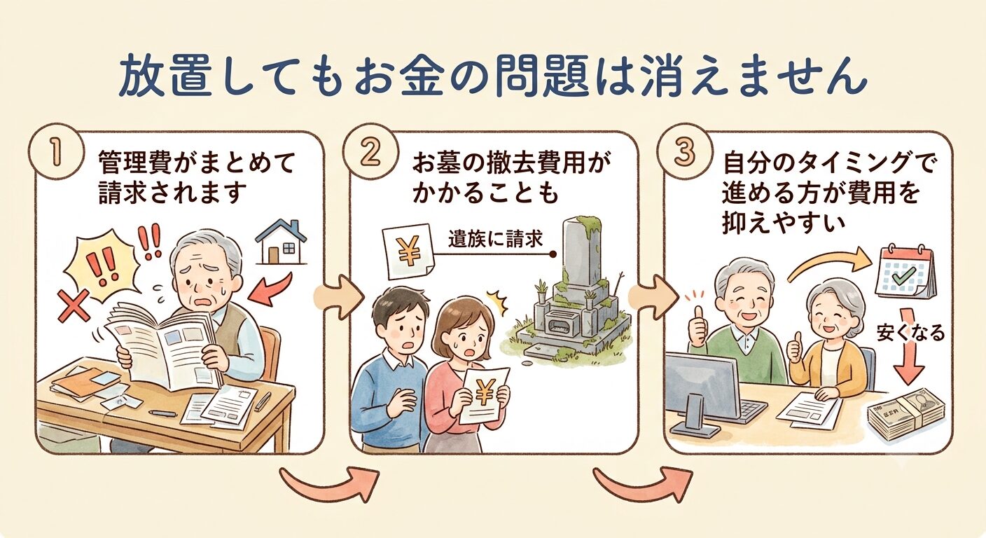 放置してもお金の問題は先送りにならないことを伝えるイラスト