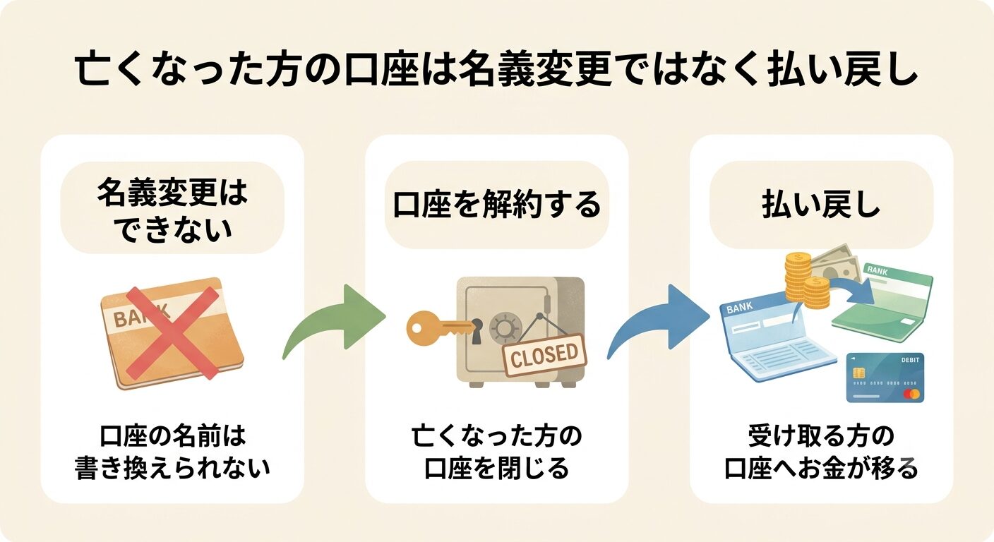 亡くなった方の銀行口座は名義変更ではなく、いったん解約して相続人の口座へお金を移す払い戻しになることを示した図解