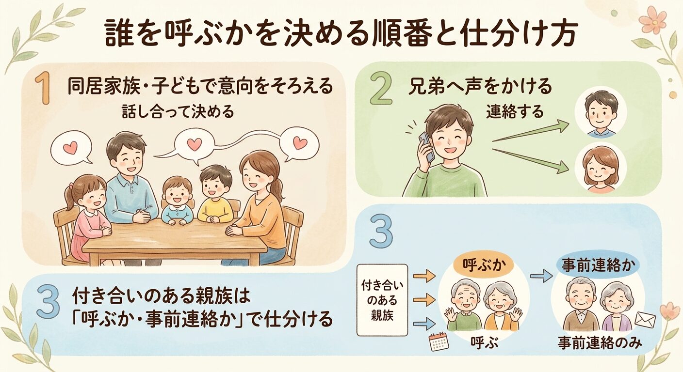 誰を呼ぶかは同居家族・子ども、兄弟、付き合いのある親族の順に決めて、呼ぶか事前連絡かで仕分けると伝えるイラスト
