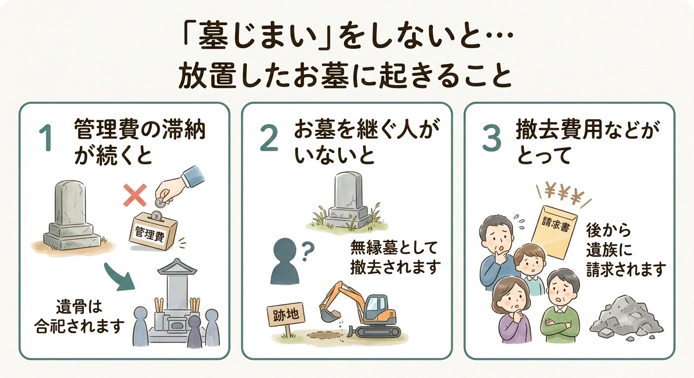 墓じまいしないまま放置すると起きることを伝えるイラスト