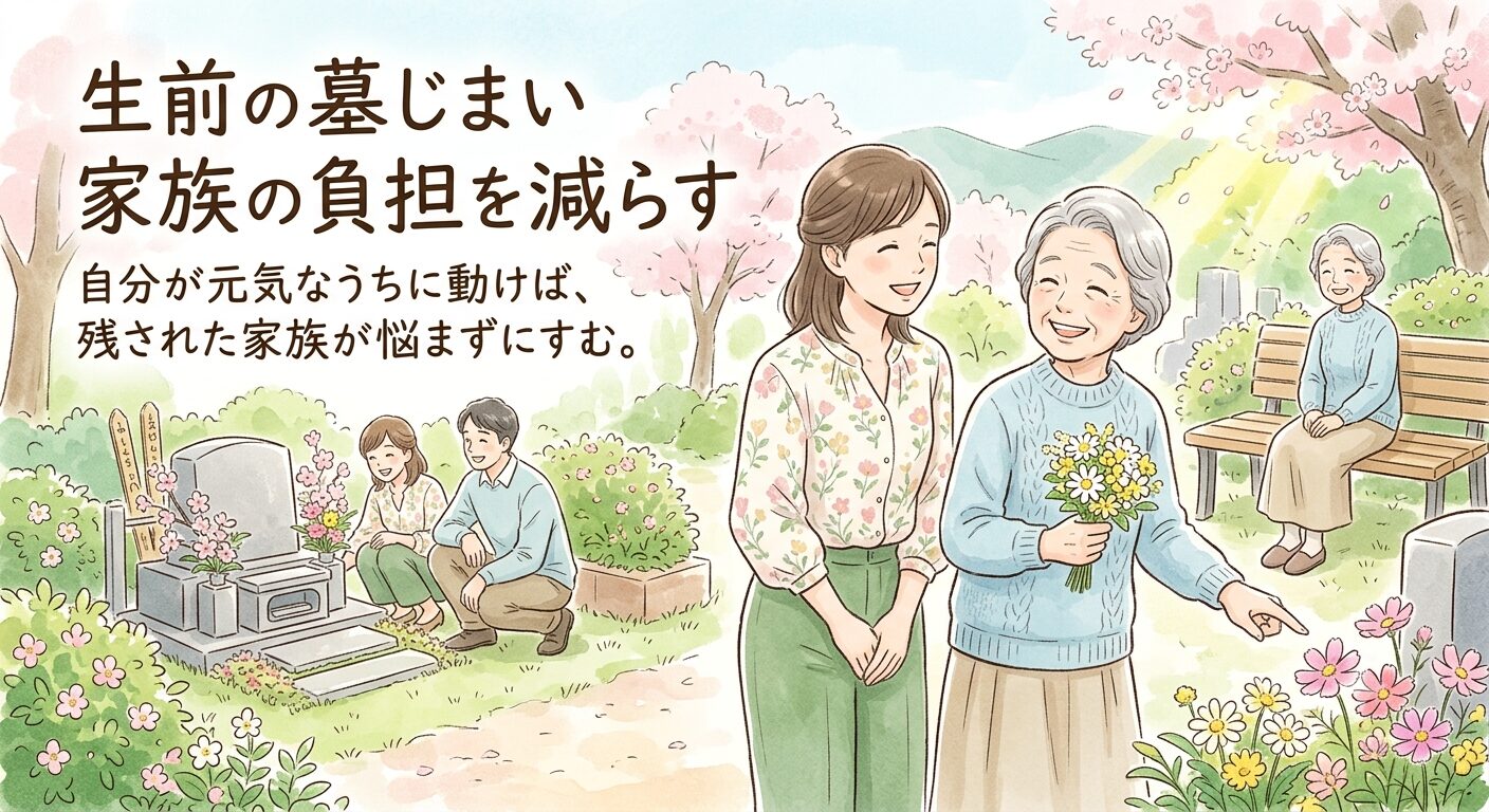 生前の墓じまいは家族の負担を大きく減らせることを伝えるイラスト