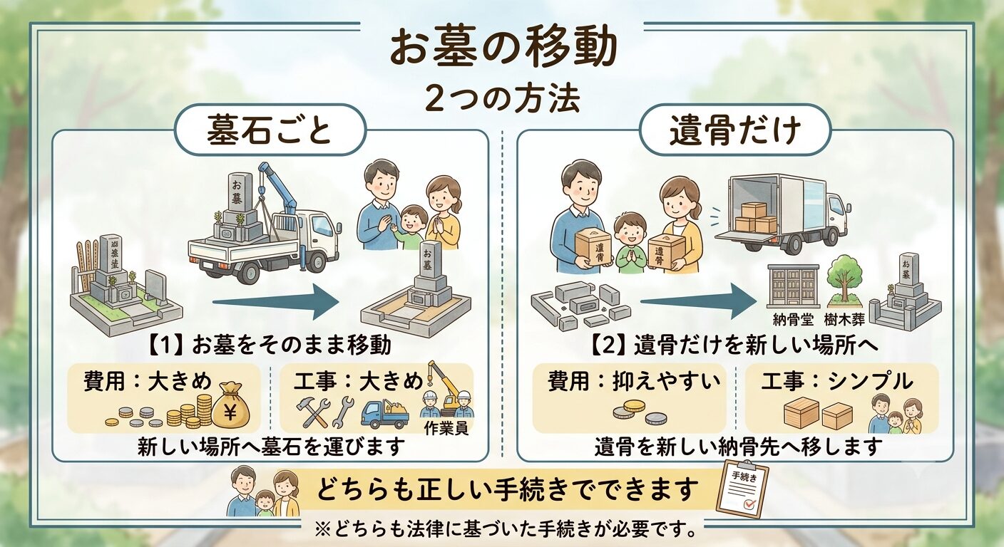 お墓の移動は墓石ごと移す方法と遺骨だけ移す方法の2通りがあり、費用や工事の規模が異なることを示すイラスト