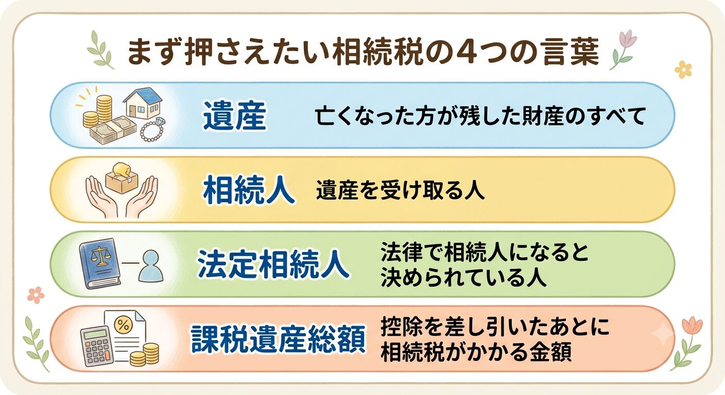 相続税の話に出てくる遺産・相続人・法定相続人・課税遺産総額の4つの言葉と、それぞれの意味をまとめた図解