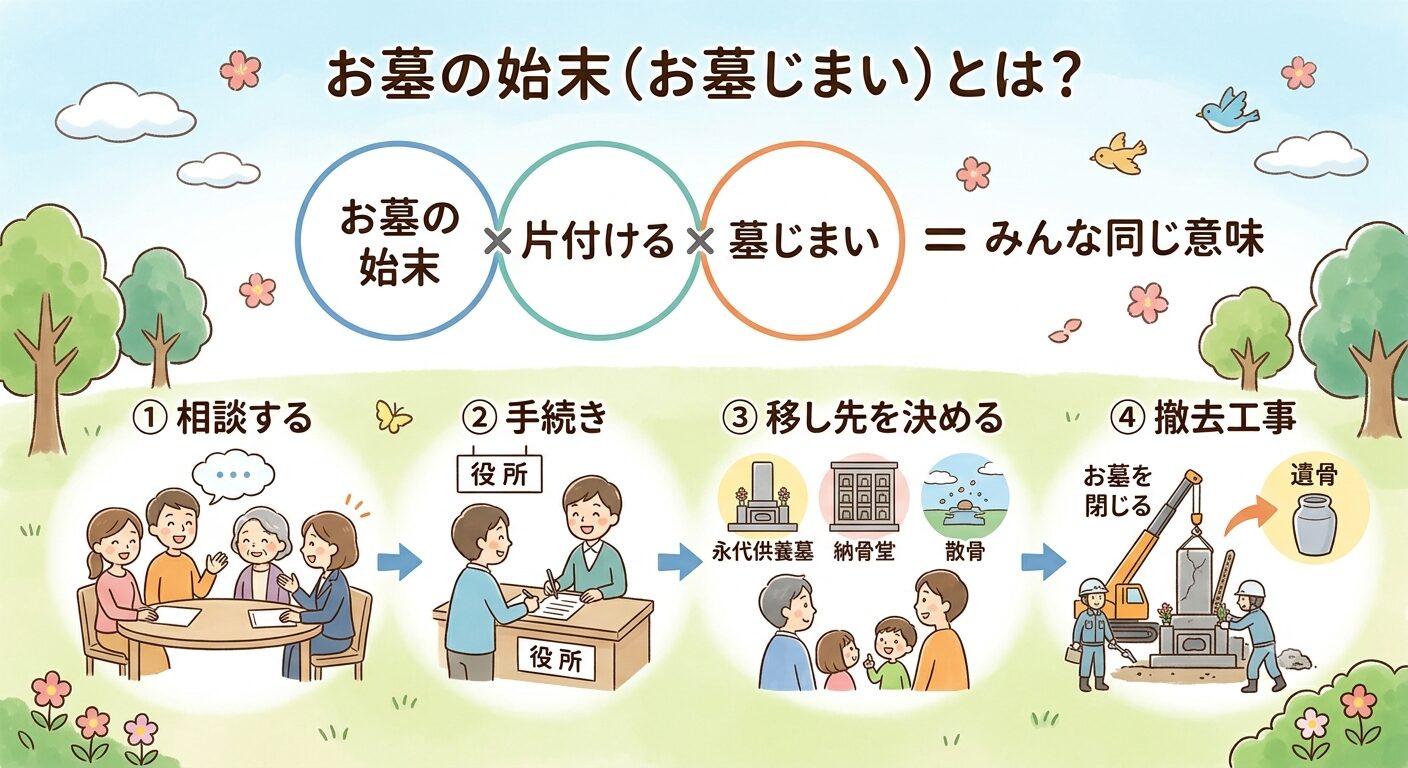 お墓の始末とは今あるお墓を閉じて遺骨を移すことだと説明するイラスト