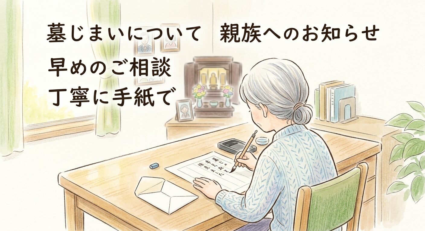 親族への連絡文はこれから墓じまいをする意向をお知らせ・ご相談の形で丁寧に伝える例文で筋を通せると示すイラスト