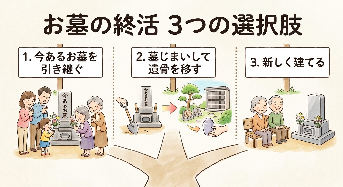 お墓の終活で選べる3つの道は今あるお墓を引き継ぐ・墓じまいして移す・新しく建てるだと示すイラスト