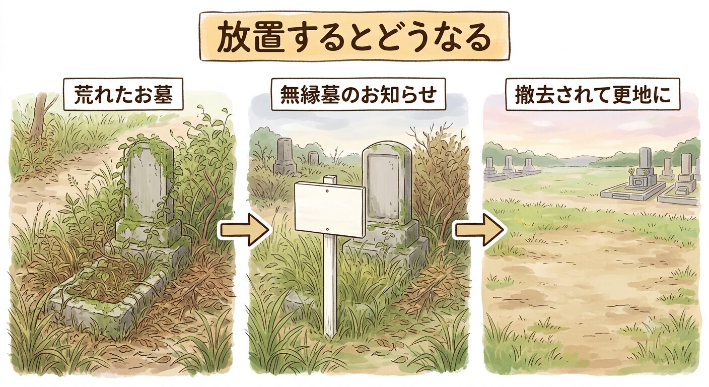 墓の管理を放置すると、荒れたお墓・無縁墓のお知らせ・撤去された更地へと進む流れを表したイラスト