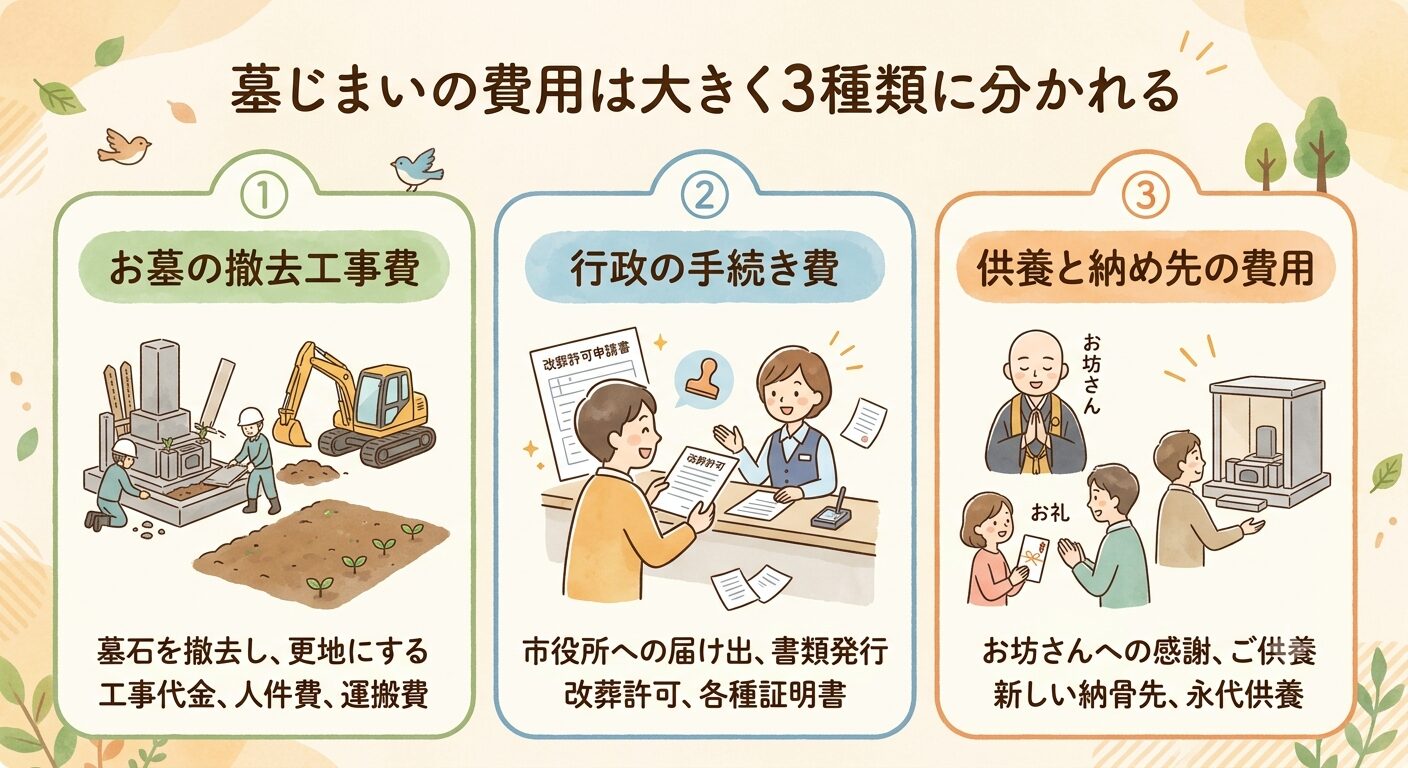 墓じまいの費用が撤去工事費・行政手続き費・供養費の3種類に分かれることを示すイラスト