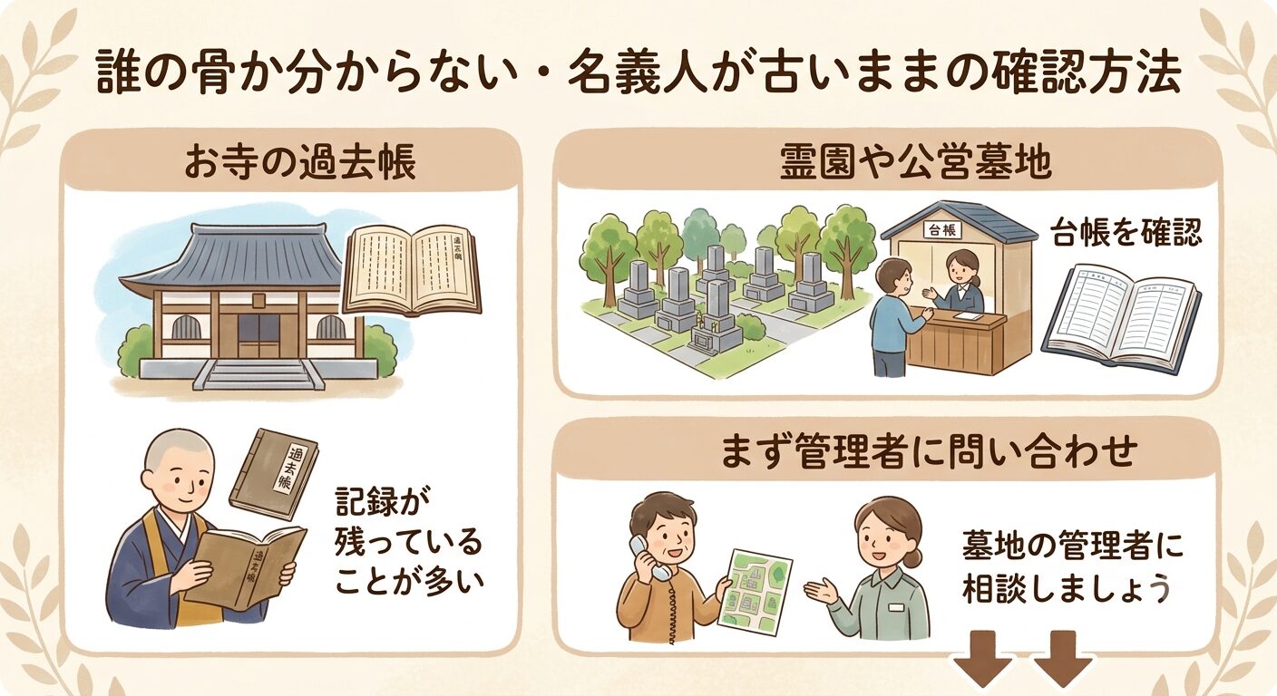 誰の骨か分からない古い墓もお寺や霊園の記録を管理者に確認すれば調べられると伝えるイラスト