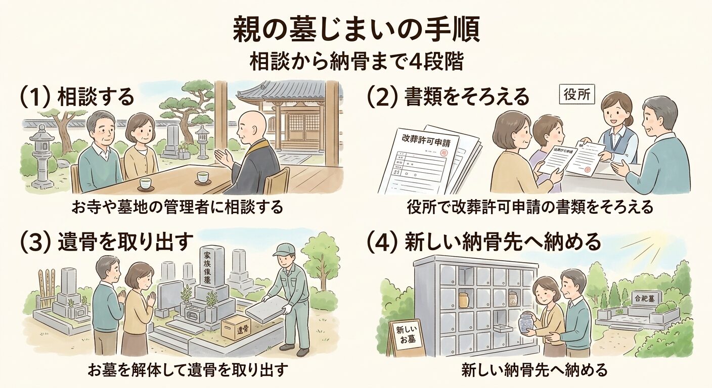 親の墓じまいの手順は相談・書類の準備・解体で遺骨を取り出す・新しい納骨先へ納めるの4段階と伝えるイラスト
