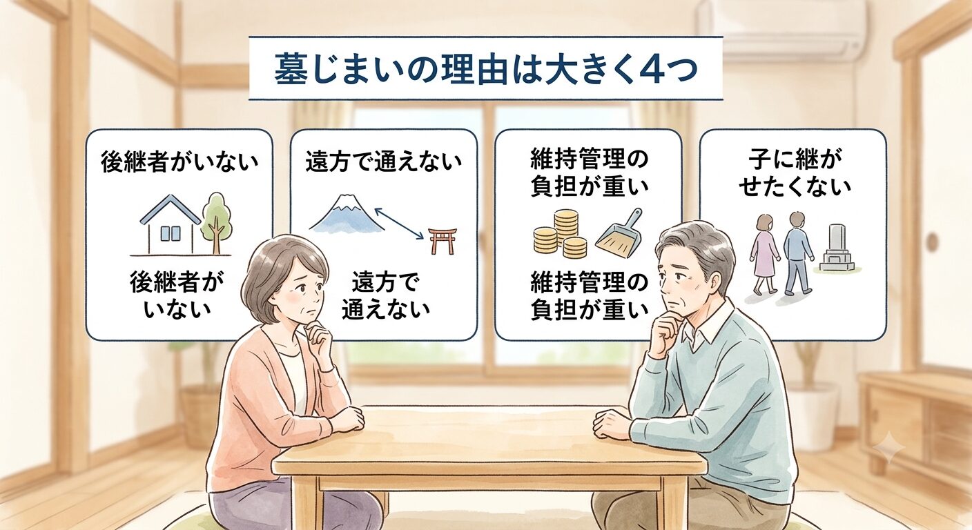 墓じまいをする理由で多い4つを整理して伝えるイラスト