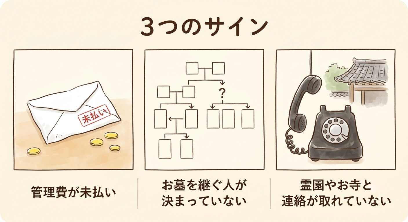 放置で無縁墓のリスクが近づく3つのサイン(管理費未払い・継ぐ人不在・連絡途絶)を表したイラスト