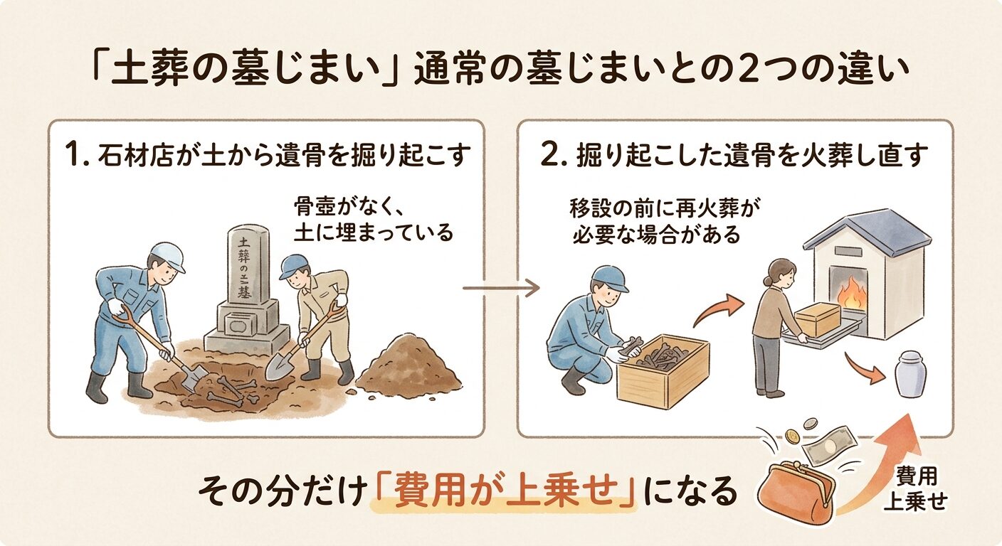 土葬の墓じまいは通常と2つの点で異なり、石材店が土から遺骨を掘り起こし、移す前に火葬をし直す場合があると伝えるイラスト