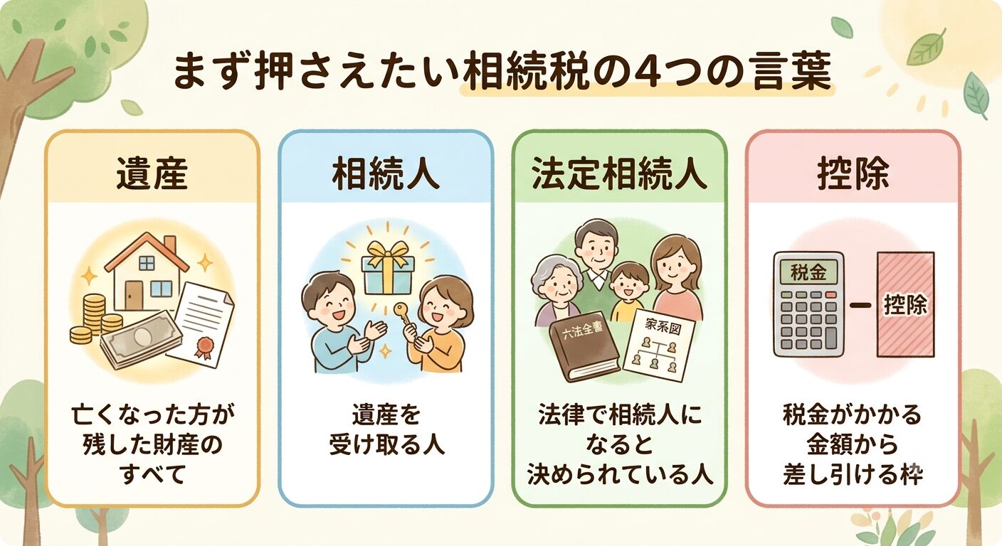 相続税の話に出てくる遺産・相続人・法定相続人・控除の4つの言葉と、それぞれの意味をまとめた図解