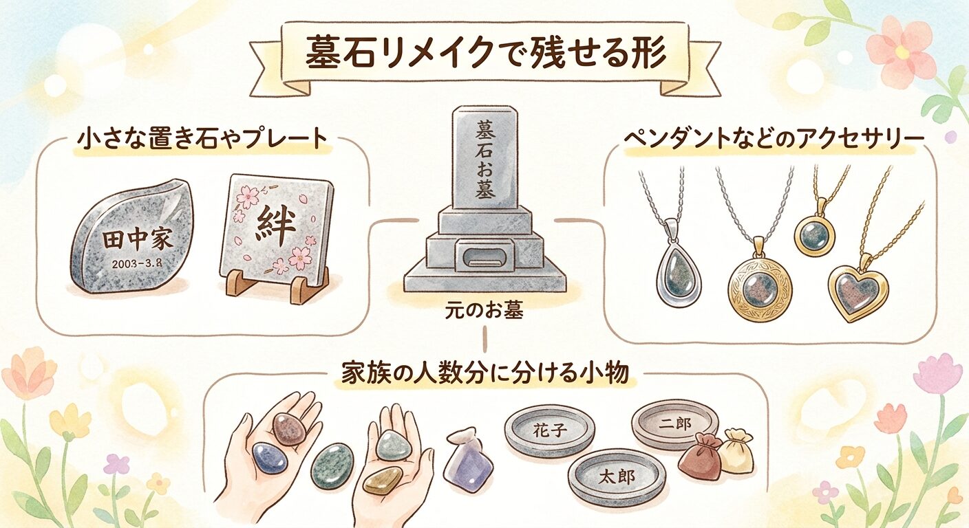 墓石を置き石・プレート・アクセサリーへ作り替える選択肢を示すイラスト