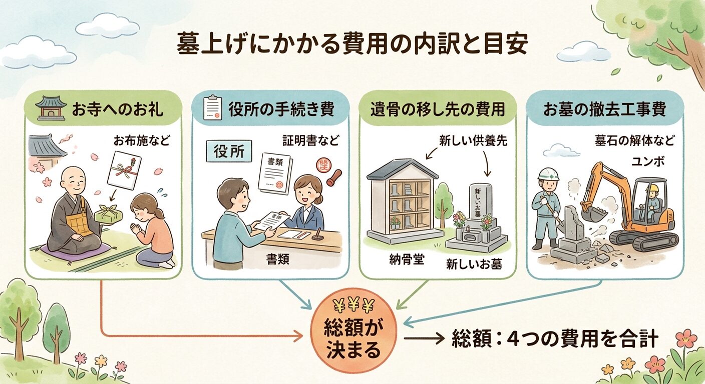墓上げの費用はお寺へのお礼・役所の手続き費・移し先の費用・撤去工事費の4つに分かれると示すイラスト
