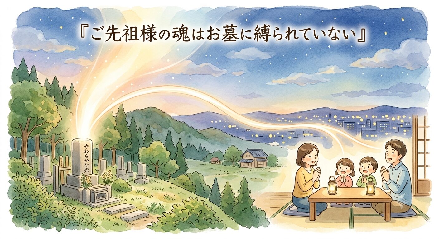 ご先祖様の魂はお墓に縛られず家族の心とつながっていることを表したやわらかいイラスト