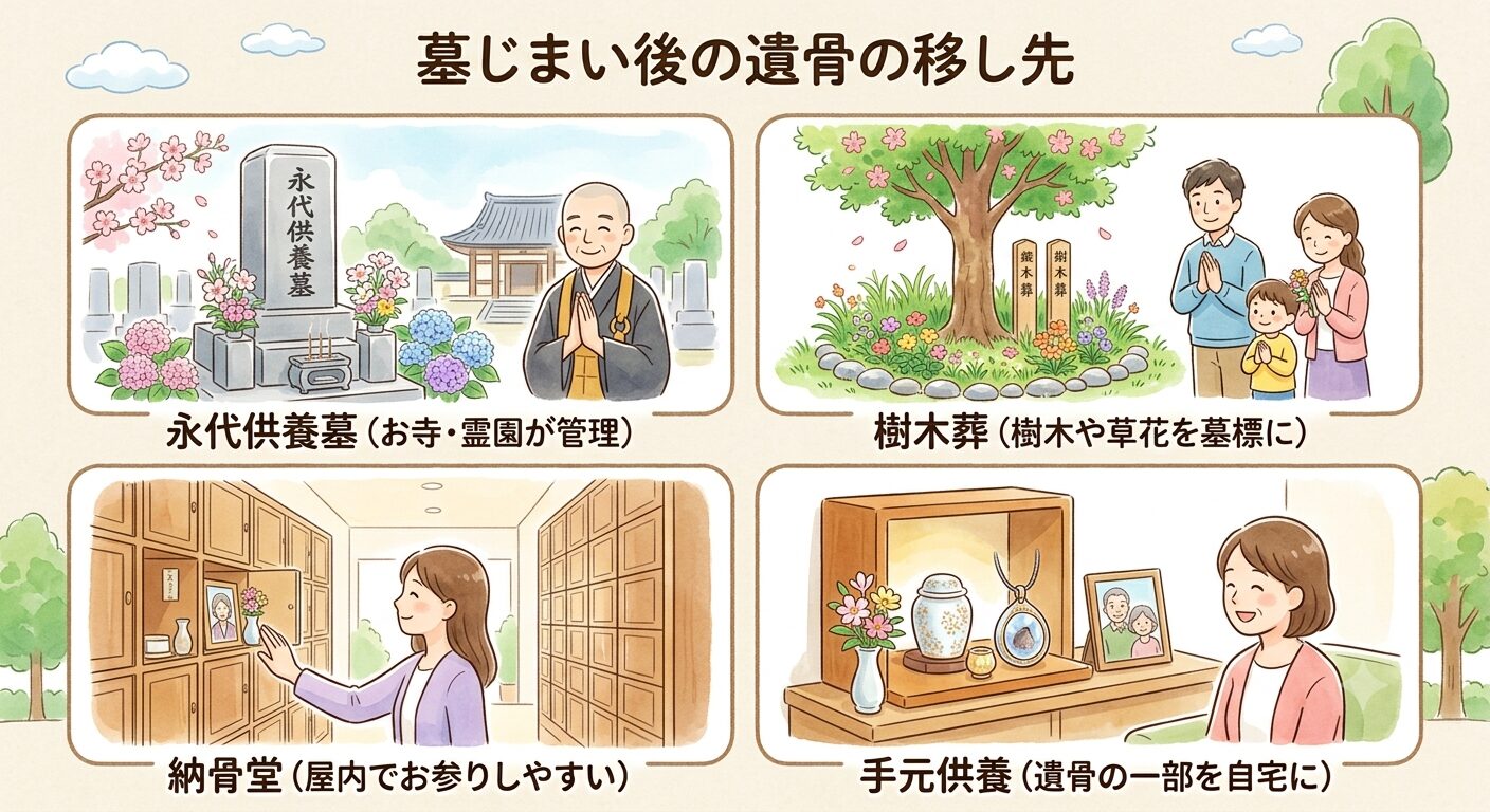 墓じまい後の遺骨の移し先は永代供養墓・樹木葬・納骨堂・手元供養の4つから選べると示すイラスト