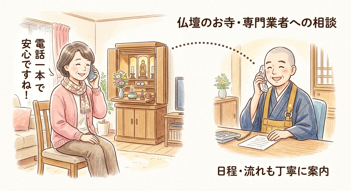 仏壇の供養はお寺か仏壇の専門業者に電話を一本入れるだけで段取りが決まることを示すイラスト