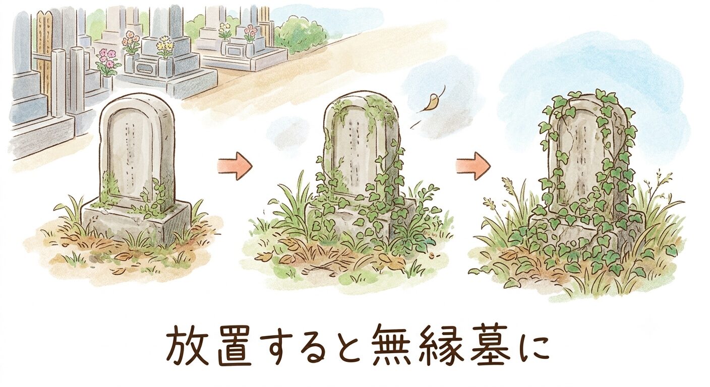 お墓を放置すると無縁墓になってしまう流れを表したイラスト